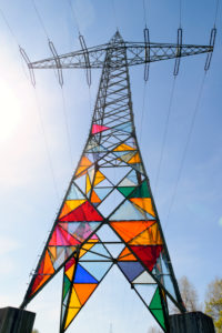 Coloured high-voltage poles in the Holteyer Hafen in front of Essen-Steele, North Rhine-Westphalia, Germany Coloured high-voltage poles in the Holteyer Hafen in front of Essen-Steele, North Rhine-Westphalia, Germany